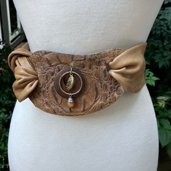 Handmade Leather Belt OOAK Tie Wrap 42" Brown Tan Croc Beads Hippie Boho Earthy - Picture 1 of 10